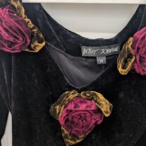 Betsey Johnson Black Velvet Dress with Pink and Gold Rosettes